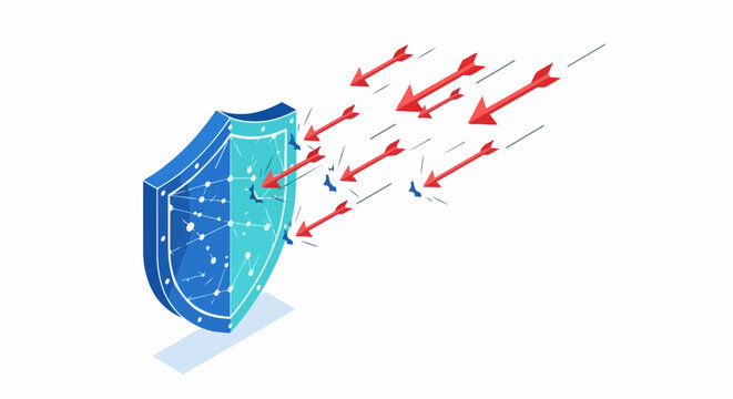 Isometric Cybersecurity Concept: Digital Shield Defending Against Red Arrow Attacks Representing Malware and Data Breach Threats