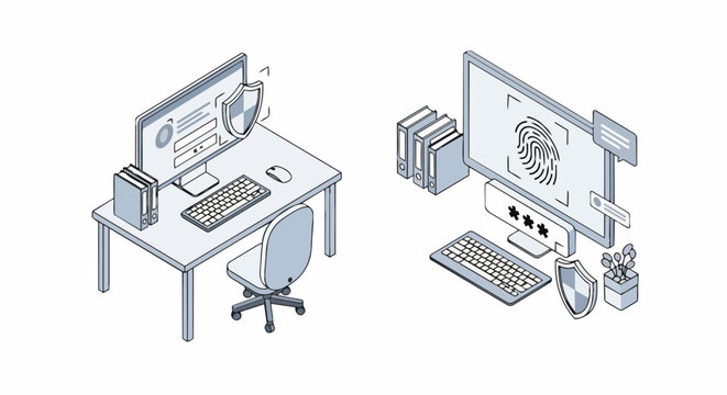 Isometric Cybersecurity and Biometric Authentication Illustration Set Featuring Fingerprint Scan, Password Login, and Data Protection Shield on Desktop Computer Workstations