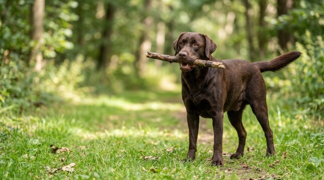 Chocolate Labrador Retriever holding a stick in its mouth. Brown dog standing on a grassy path in a green forest