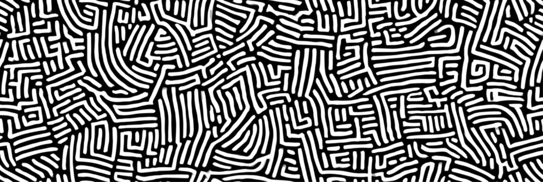 Abstract black line art creating a complex seamless labyrinth pattern on a white background. Black line art seamless pattern for design