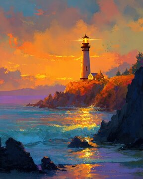 Stunning Impressionist Oil Painting of a Coastal Lighthouse Perched on a Rocky Cliff at Sunset, Vibrant Orange and Blue Seascape with Radiant Sunlight Reflecting on Ocean Waves and Dramatic Sky