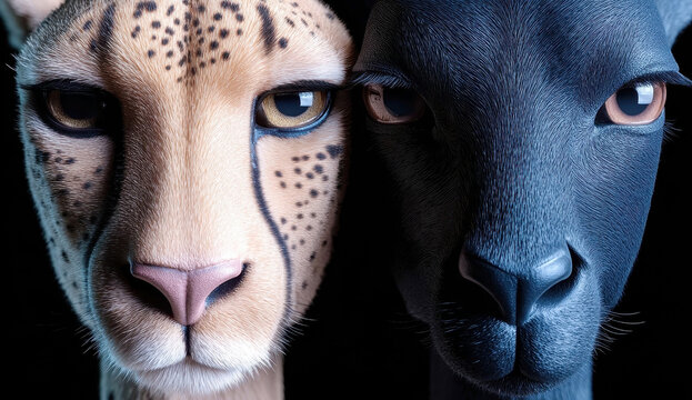 Close-up of a cheetah and a black goat's faces, side by side, showcasing contrasting fur patterns and colors