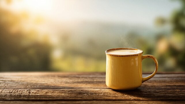 Steaming yellow mug with hot beverage on wooden table. Morning coffee concept with nature background. Relaxing time outdoor at sunrise for breakfast, peace, comfort and wellness lifestyle.