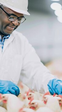 Smiling African American veterinarian in a lab coat and hard hat carefully examining broiler chickens inside a large, clean poultry house