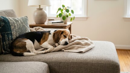 Fototapeta na wymiar Beagle dog sleeping on a light gray sofa. Tricolor purebred canine resting comfortably on a blanket in a bright living room