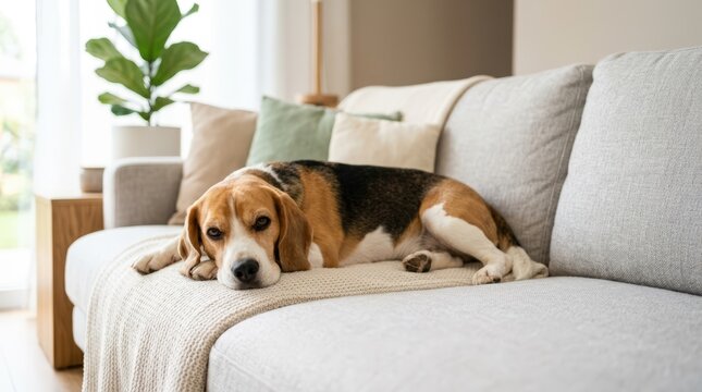 Beagle dog resting on a light gray sofa. Tricolor purebred canine lying comfortably in a modern living room interior