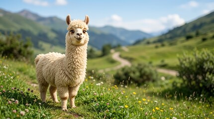 Fototapeta premium Fluffy 3D cartoon llama standing in green mountain meadow. Cute smiling animal character in sunny landscape with wildflowers