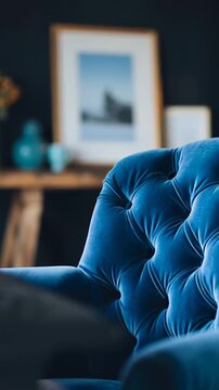 Close up detail of a luxurious blue velvet armchair. Elegant capitonne texture in a stylish living room with cozy home decorations