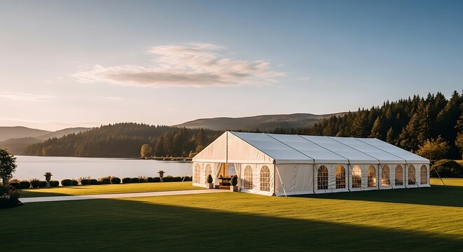 Elegant Marquee Tent Set Up for an Event by a Serene Lake at Sunset.