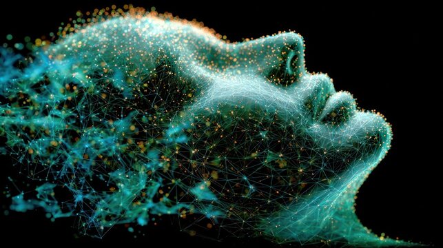 Abstract Digital Art of a Human Head Dissolving into Particles.