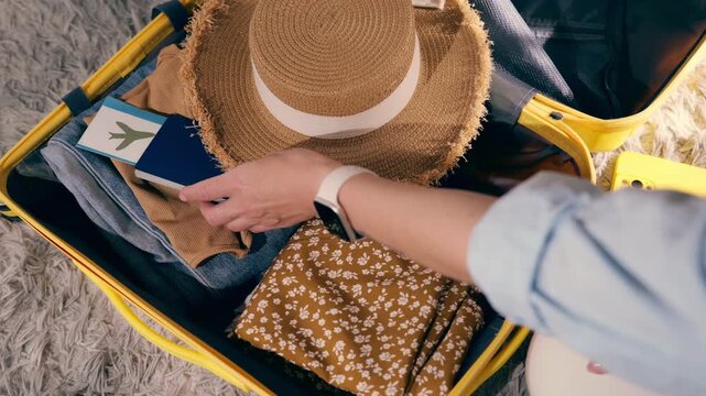Top-down view of a woman meticulously packing a bright yellow suitcase for her holiday, neatly arranging her summer dress, passport, flight ticket, straw hat, and a classic film camera