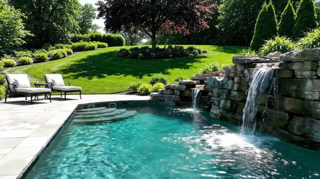 Luxury backyard swimming pool with a natural stone waterfall feature, stone patio, and lounge chairs set against a lush green landscaped hill and trees