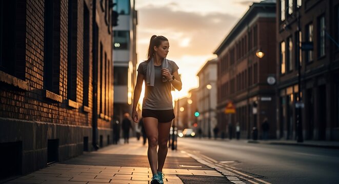Woman jogging in urban environment at sunset.