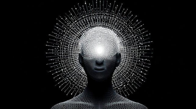 Abstract Digital Human Head with Neural Network and Glowing Aura.