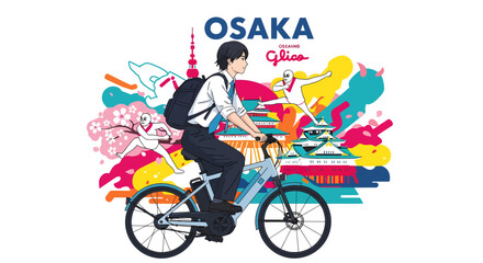 Fototapeta premium Osaka travel illustration with cyclist and cityscape
