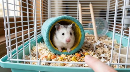 Obraz premium Cute hamster peeking from colorful tunnel in cozy cage environment