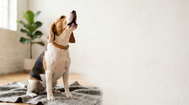 Beagle dog howling while sitting on a blanket indoors. Tricolor purebred canine vocalizing in a bright room. Copy space for text