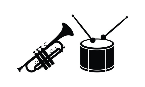Music icons, black trumpet, drum set, musical instruments, vector graphics