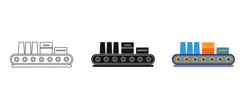 Conveyor belt with products icon set, flat, line and silhouette styles industrial production line with boxes and cups for manufacturing