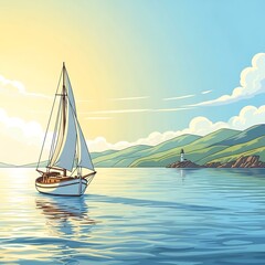 Fototapeta premium Sailing boat on calm sea water.