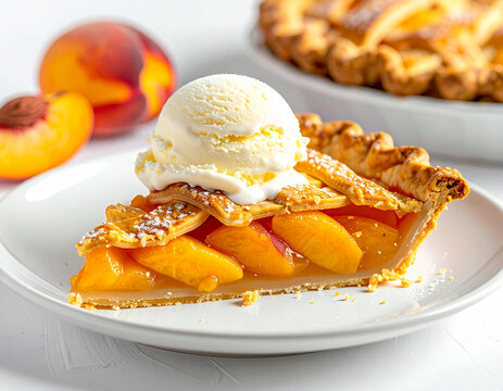 Peach pie slice with a scoop of vanilla ice cream, white plate. AI