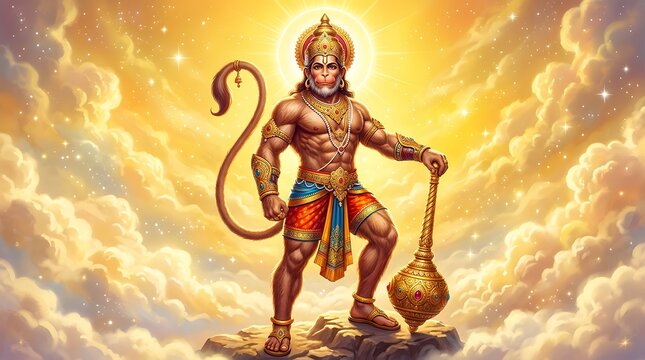Mythological Hanuman standing heroically among radiant clouds