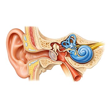 Human Ear Anatomy Cross Section Illustration with Cochlea and Auditory Canal