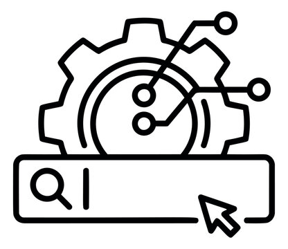 Outline illustration of a gear and search bar depicting SEO optimization and technical settings for digital marketing design