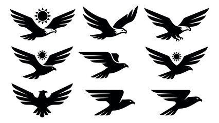 Fototapeta premium Silhouette icon set of 9 eagles featuring flying birds with spread wings and sun emblems for logo and branding design