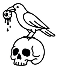 Obraz premium Cartoon outline illustration of a raven perched on a skull holding a dripping eyeball depicting dark gothic horror for Halloween design