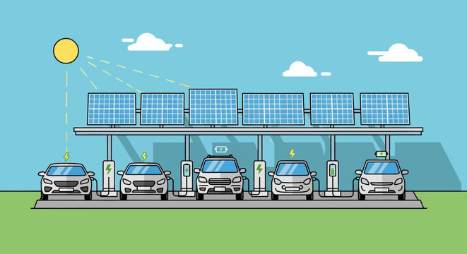 Electric cars charging at a solar-powered station on a sunny day.