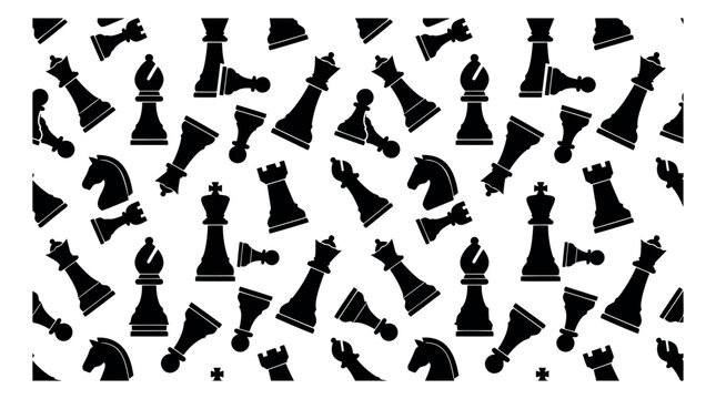 Silhouette icon set of chess pieces featuring king, queen, rook, bishop, knight and pawn scattered pattern for game and sport design