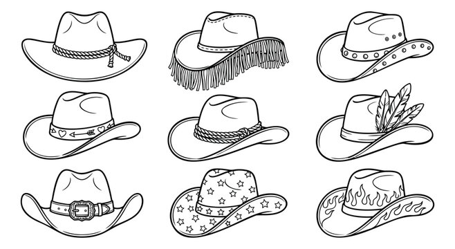 Outline icon set of 9 cowboy hats featuring fringe, studs, feathers, stars and flames designs for western theme