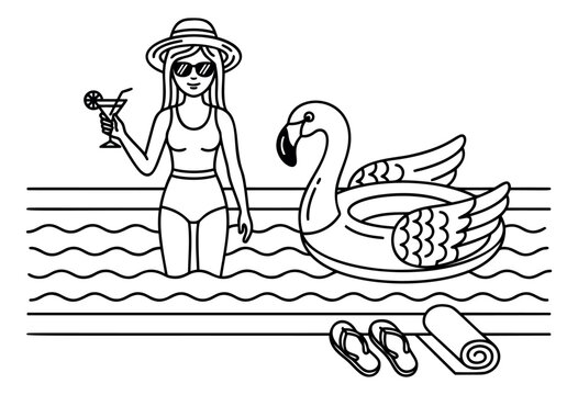 Line art illustration of woman in bikini depicting summer pool relaxation with flamingo float and cocktail for travel and leisure design