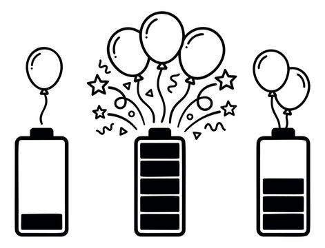 Outline icon set of 3 battery level indicators featuring balloons and celebration elements for energy and charging design