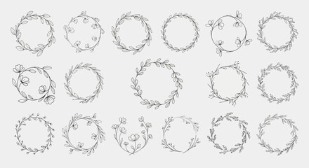 Obraz premium Flowers Floral Wreath Vector Set, 20 Illustrations, Line Art, Botanical Frames, Decoration Elements isolated on White Background vactor EPS