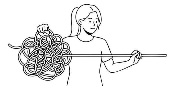 Line art illustration of woman holding tangled rope and straight line depicting problem solving and simplification for business and psychology design