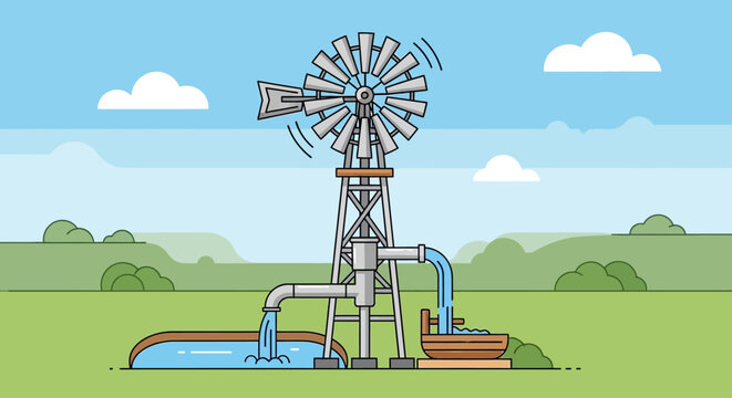 Farm windmill pumps water into a trough and pond.