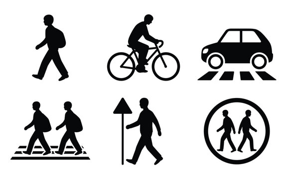 Pedestrian icons, walking symbols, road signs, transportation graphics, black silhouette set