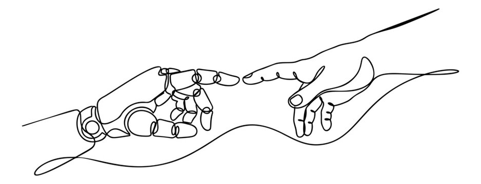 Continuous line art illustration of robot and human hands reaching toward each other depicting artificial intelligence connection for technology design