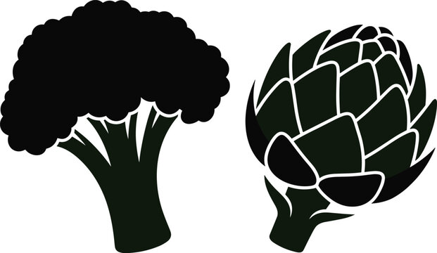 Vegetable icons, broccoli and artichoke silhouettes, black and white graphics, food illustrations, kitchen elements