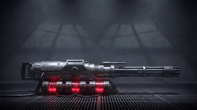 Futuristic sci-fi minigun weapon with glowing red energy power cells