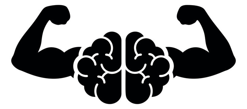 Silhouette illustration of strong brain with muscular arms depicting intelligence and power concept for fitness and education design