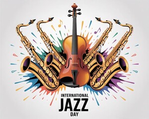 Naklejka premium International Jazz Day Musical Fusion with Violin and Saxophones Creative Jazz Instruments Composition Poster for Music Celebration