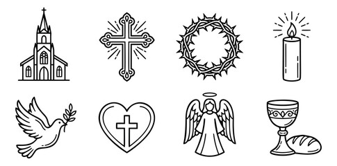 Fototapeta premium Outline icon set of 8 Christian symbols featuring church, cross, angel, dove, chalice and crown of thorns for religious design