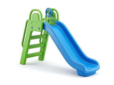 Plastic kids slide with green ladder and blue chute toy for playground fun outdoors