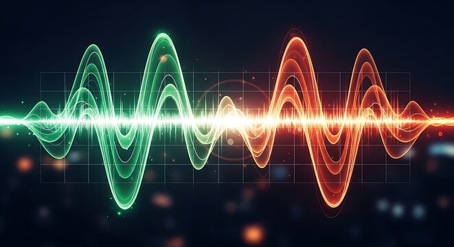 Digital signal processing advanced technology visualized as vibrant waveforms and data streams