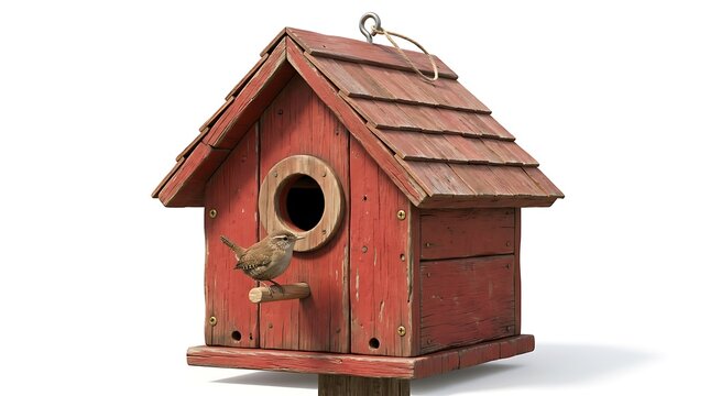 Red wooden birdhouse with bird on perch against white background