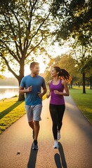 Fototapeta premium A couple running together in the park, enjoying a healthy lifestyle.