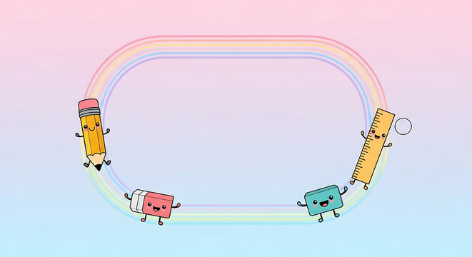 Cute Kawaii School Supplies Cartoon Characters Frame.